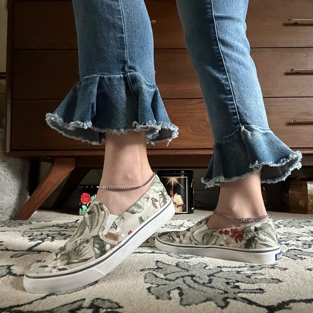tropical print keds canvas slip ons / size 8